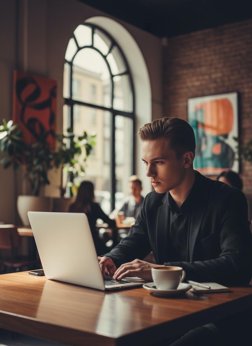 A man setting up a money transfer on his laptop in a cafe